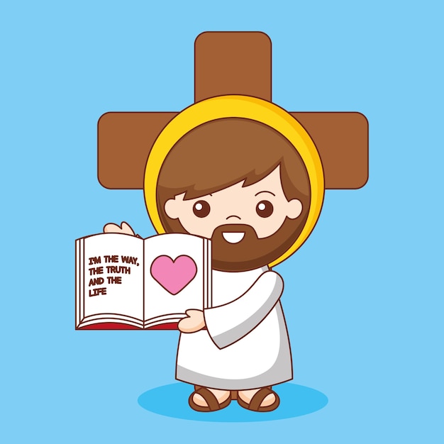 Jesus with bible and cross cartoon. Jesus walked truth and life, cartoon illustration