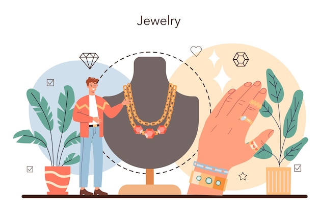 Vector jeweler concept goldsmith examining and faceting diamond with a craft tools precious stones jewelry designer idea of creative people and professionvector illustration