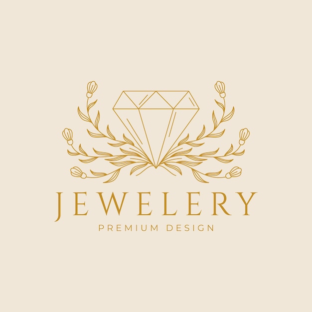 Vector jewelry logo diamond beauty with botanical flower line art vector icon symbol minimalist design