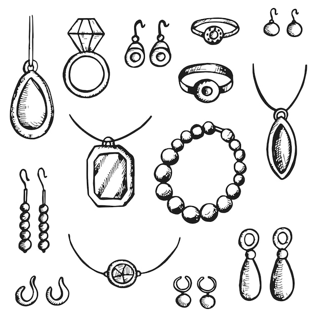 Jewelry luxury items objects set vector sketches