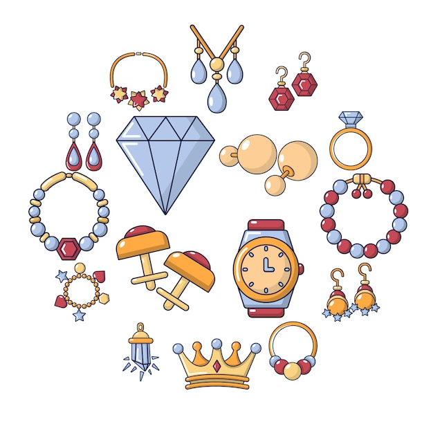 Jewelry shop icon set, cartoon style