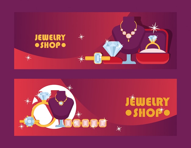 Vector jewelry shop set of banners   illustration. diamond accessories.