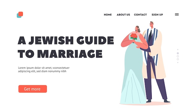 Jewish Guide to Marriage Landing Page Template Jew Newlywed Man and Woman Wear Festive Dresses Celebrate Wedding