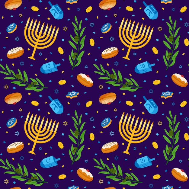 Vector jewish hanukkah religious holiday candles menorah and donut pattern happy food design creative celebration dreidel and olive branch david star vector seamless utter background