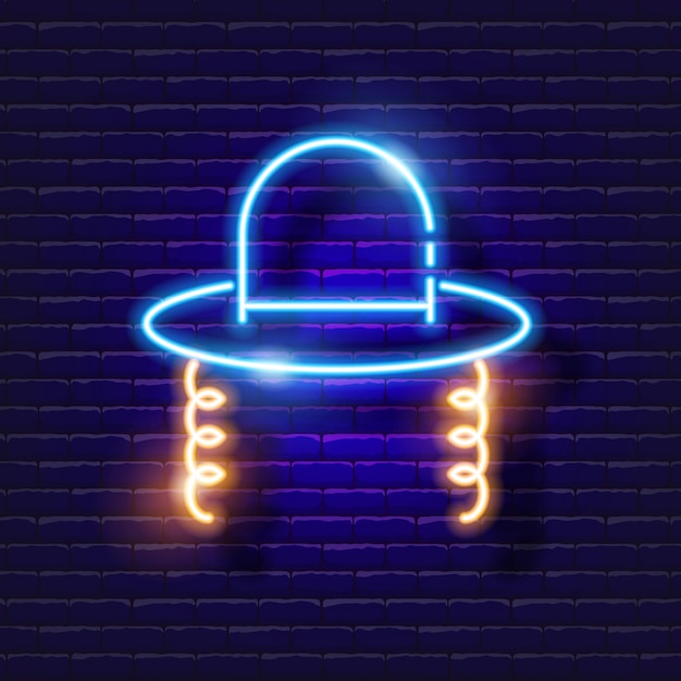 Jewish hat with sidelocks neon sign Vector illustration for design Jewish culture