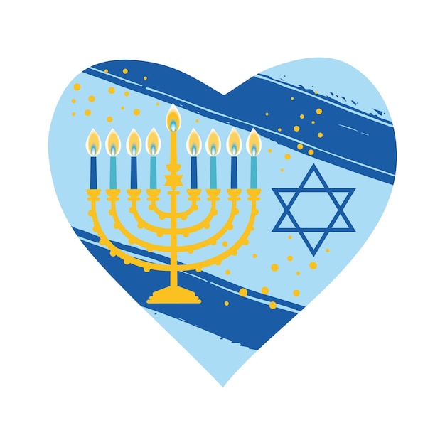 Jewish holiday Hanukkah heard greeting card traditional Chanukah symbols menorah candles in heart illustration on blue israel flag background