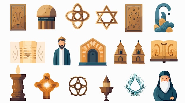 Vector jewish and judaism icons israel star and rabbi syna