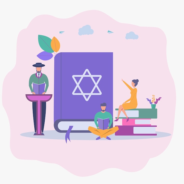 Jews read about religion Holy Book of Torah Judaism Jewish beliefs about Jesus Colorful vector illustration