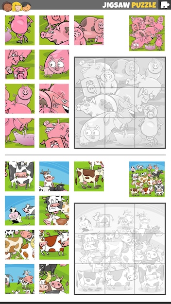 Jigsaw puzzle activities set with cartoon pigs and cows