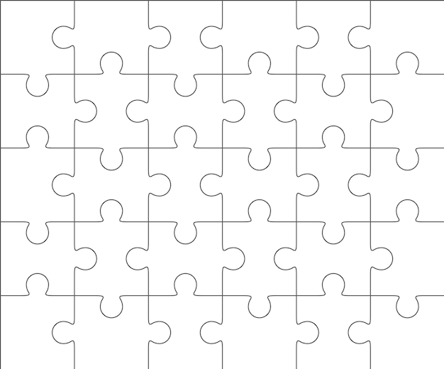 Jigsaw puzzle blank template 6x5 elements, thirty puzzle pieces. Vector illustration.