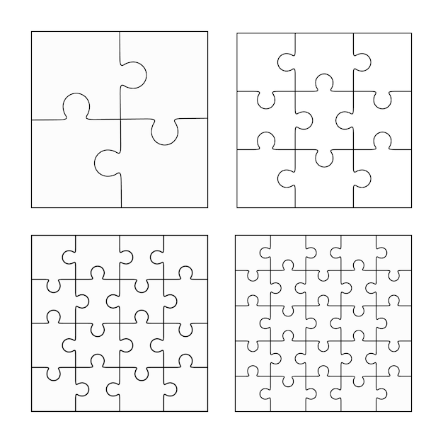 Jigsaw puzzle four vector templates set, blank simple pieces