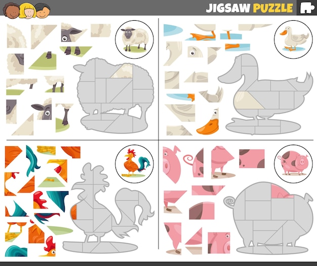 Jigsaw puzzle games set with cartoon farm animals