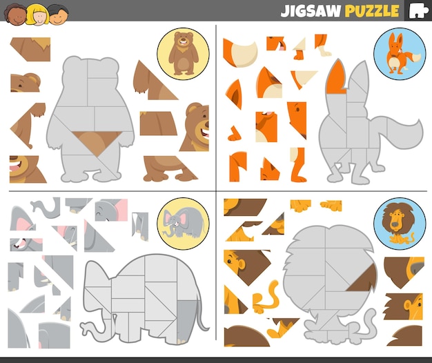 Jigsaw puzzle games set with funny cartoon animals