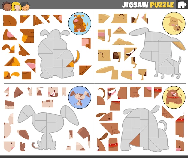 Jigsaw puzzle games set with funny cartoon dogs