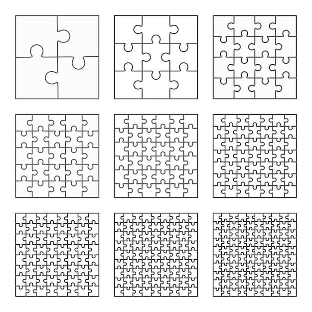 Jigsaw puzzle nine vector templates set of different blank simple pieces