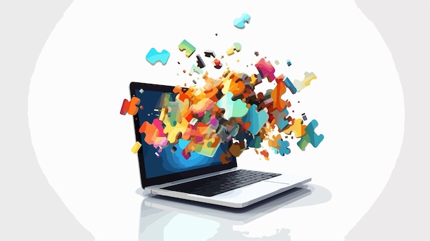 Jigsaw Puzzle Pieces Flying Out of a Stylish Laptop