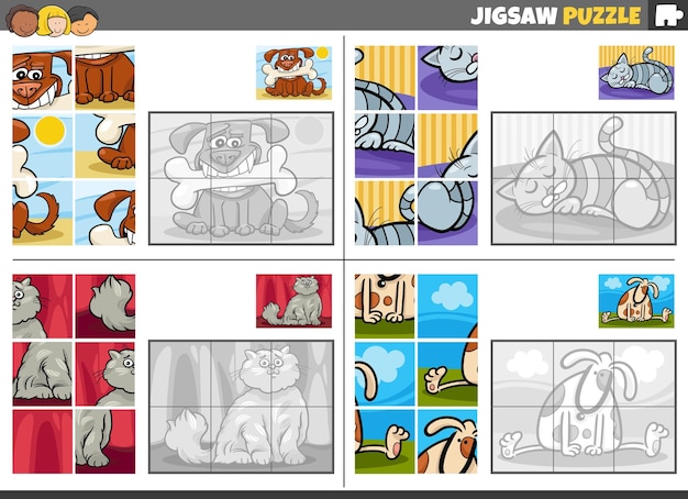 Jigsaw puzzle task set with cartoon pet animals