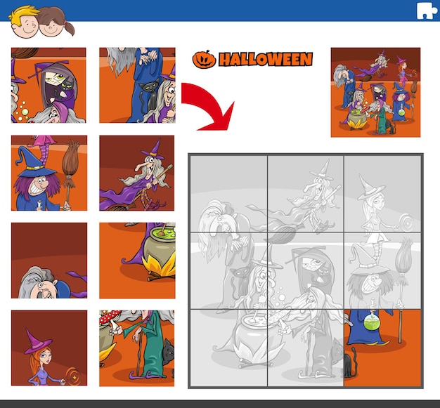 Jigsaw puzzle task with cartoon witches on Halloween