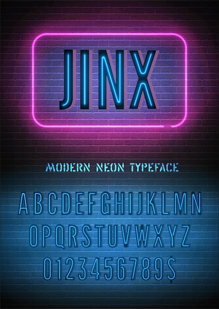 Jinx sign with blue pink neon alphabet on dark brick wall background Night light glowing effect narrow font with numbers Vector illustration