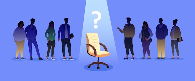 Job chair spotlight Vacancy empty workplace hiring businesswoman or businessman leader for office job vacant promotional worker join employee spot garish vector illustration