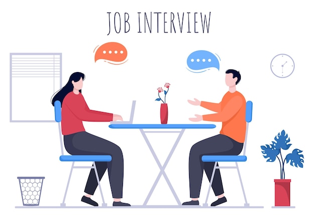 Job Interview Meeting, Candidate and HR Manager. Idea of Employment and Hiring, Business Man or Woman at Table, Vector Illustration For Conversation, Career, Human Resource Concept