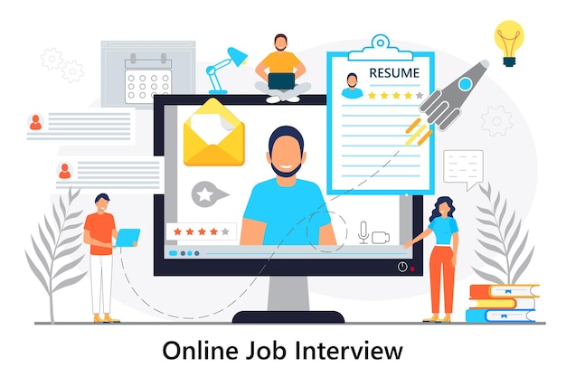 Job interview online concept vector Employee hiring illustration Interviewer talking with HR specialist in video conference Recruitment test