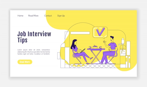 Vector job interview tips landing page flat silhouette vector template. work search advice homepage layout. website design