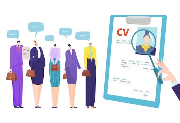 Job recruitment with cv, business interview by candidate resume illustration