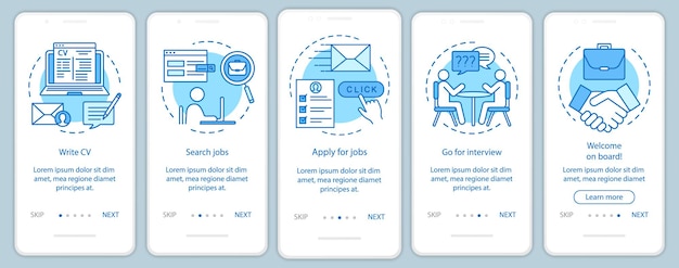 Job searching onboarding mobile app page screen with linear concepts. Write CV, apply job, interview, getting work graphic instructions. Steps graphic instructions. UX, UI, GUI vector template