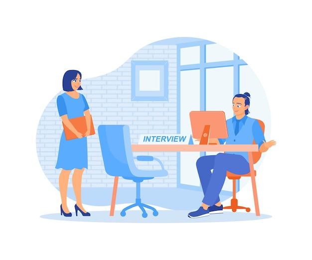 Job seeker meets manager in the office A woman having a job interview with an HR leader Job interview concept Flat vector illustration