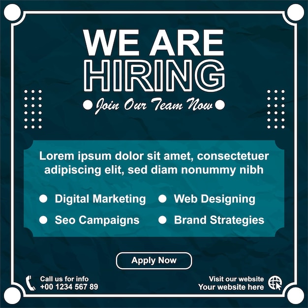 Job vacancy we are hiring recruitment square social media template banner poster instagram post