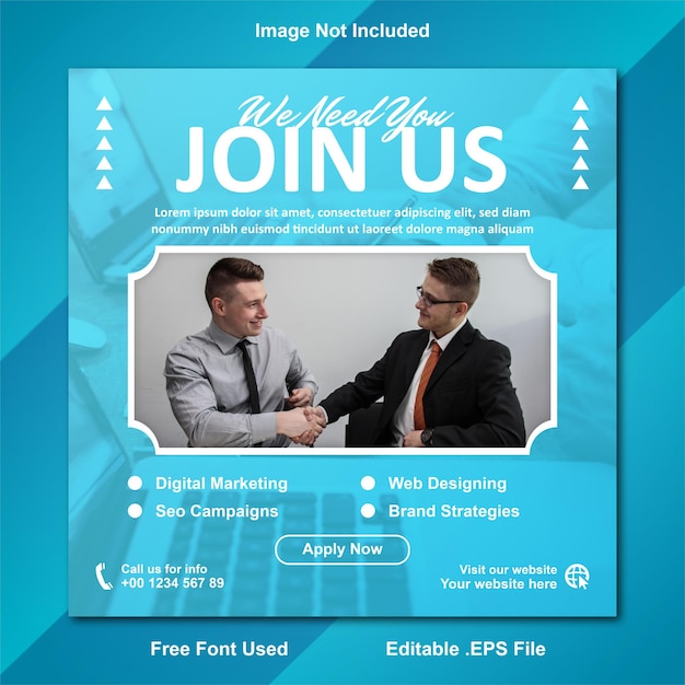 Job vacancy we are hiring square social media template vector modern blue banner poster