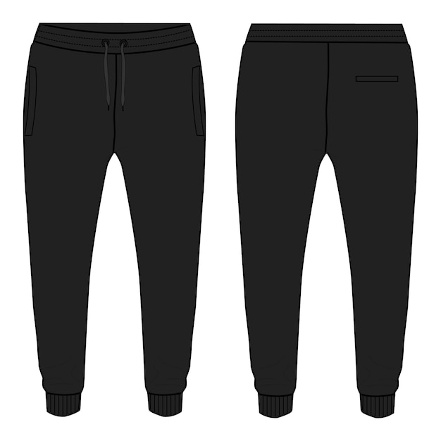 Jogger Sweatpants technical fashion flat sketch vector illustration Black color template