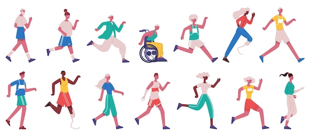 Jogging characters. Running female and male people, sprinting, jogging and jumping men and women isolated vector illustration set. Runners athletes characters