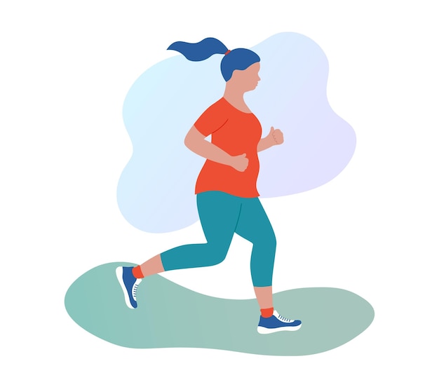 Jogging plump woman outdoors Weight loss concept Fatty girl running in sportswear Morning jog in park Flat vector illustration