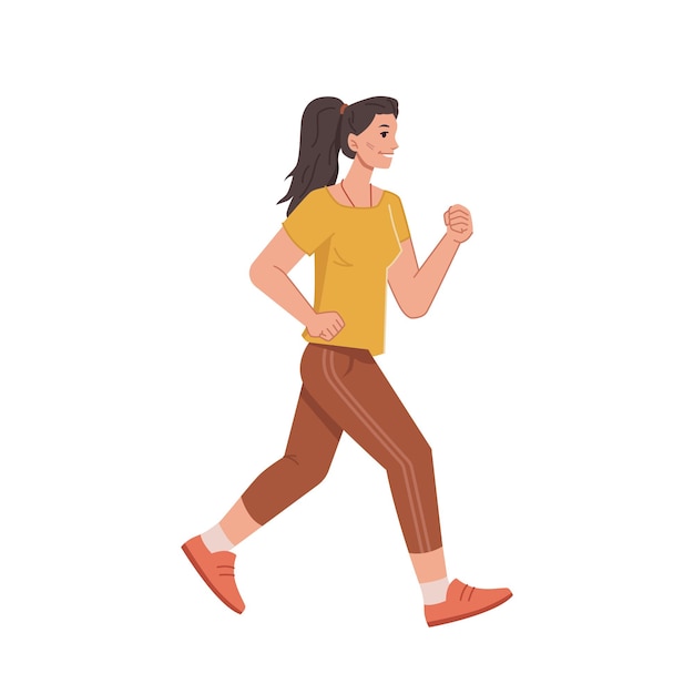 Jogging woman in casual cloth isolated cartoon style character running female with pony tail side