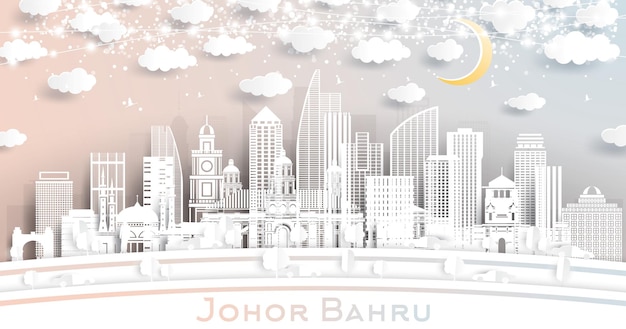 Johor Bahru Malaysia City Skyline in Paper Cut Style with White Buildings Moon and Neon Garland