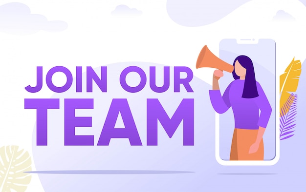 join our team word  illustration concept, people shouting on megaphone   can use for, landing page, template, ui, web, mobile app, poster, banner, flyer, background