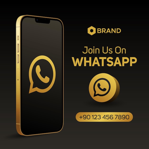 Join us on Whatsapp logo golden 3d smartphone mockup banner social media post