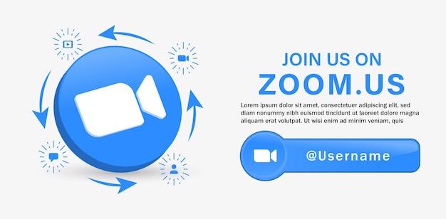 Join us on zoom meeting social media banner with 3d logo and notification icons video message chat