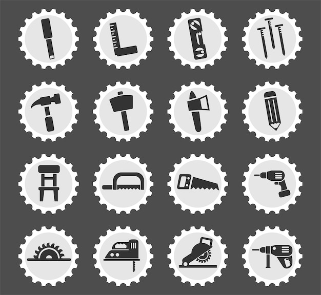 Joinery symbols on a round postage stamp stylized icons