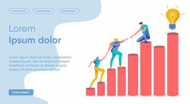 Joint Work and Support Towards Goal, Cartoon. Group People Climb Columns in Direction Luminous Bulb. Woman Helps Girl to Rise up, Guy Crouched and Holds out Hand to Women. Landing Page.