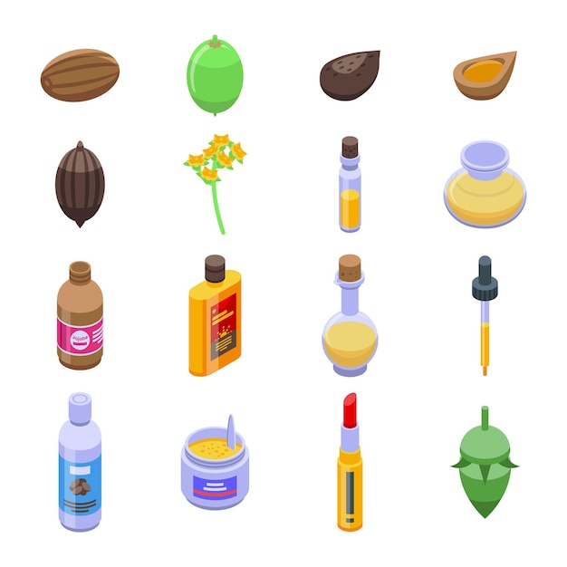 Jojoba icons set. Isometric set of jojoba  icons for web  