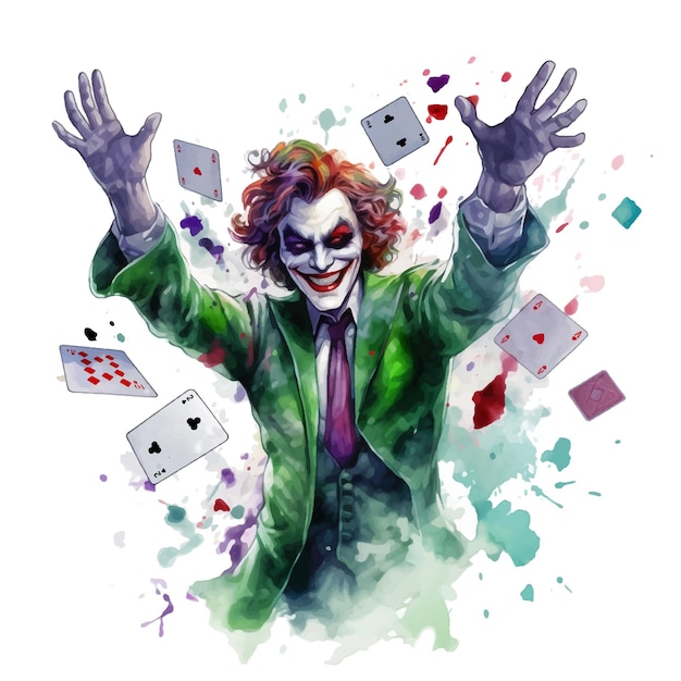 Joker throwing gambling cards watercolor paint