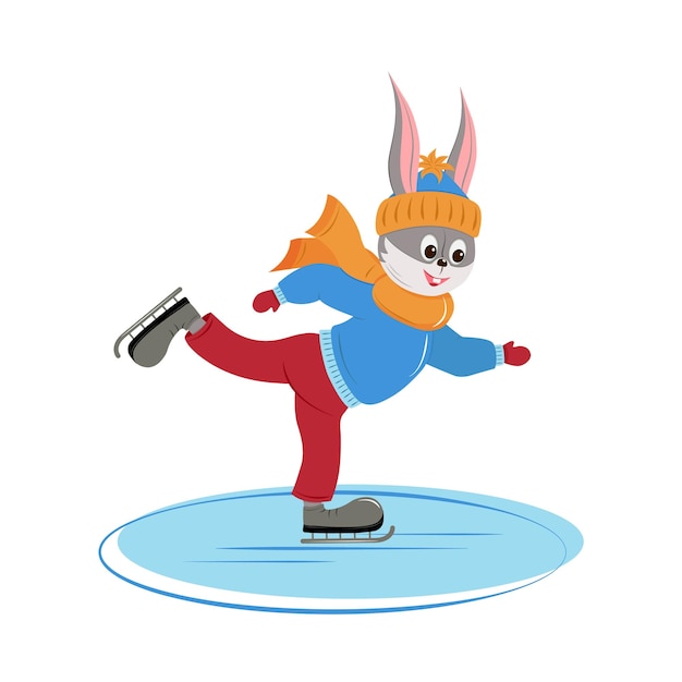 Jolly hare on skates. Rabbit skating on the ice.