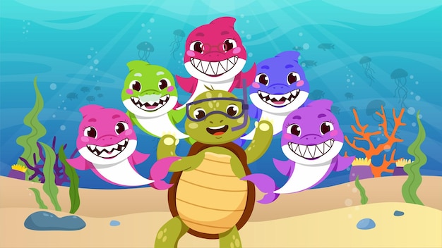 Jolly turtle and funny sharks underwater turtle in glasses near colorful sharks poster for kids