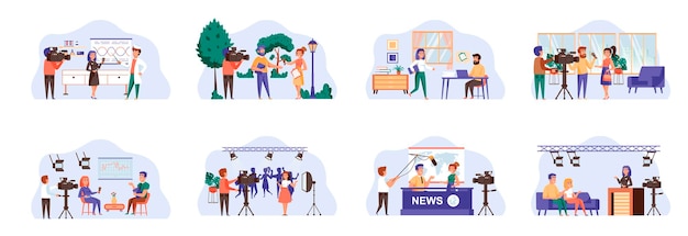 Journalism bundle of scenes with flat people characters