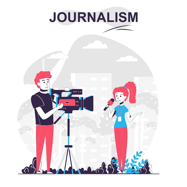 Journalism isolated cartoon concept journalist makes report records story with cameraman