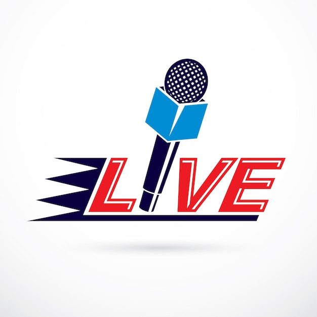 Journalism theme vector logo created with microphone illustration and composed with live inscription. Social mass media theme.