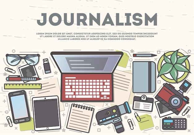 Vector journalism top view banner in line art style